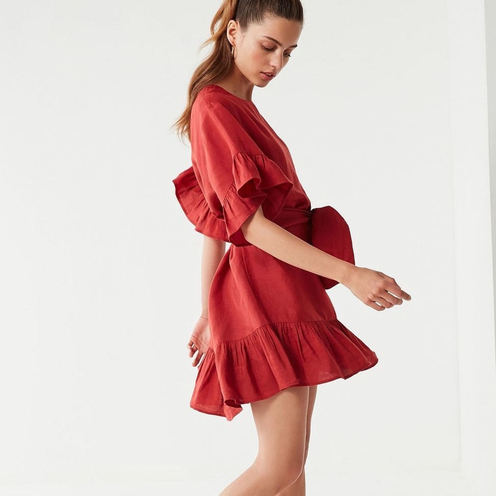 UO Suddenly Spring Linen Ruffle Tie Dress